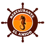 Logotipo de Restaurante El Amigo con un timón náutico y un caballito de mar en el centro, reflejando su temática marítima y especialidad en mariscos.