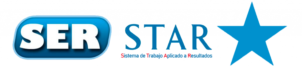 Logo de SER con las palabras SER y STAR, una estrella azul y el lema "Sistema de Trabajo Aplicado a Resultados