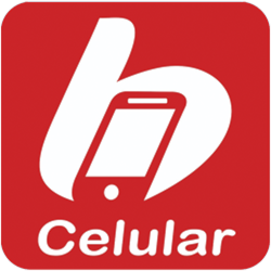 Logo rojo con letra "b" estilizada en blanco que forma un smartphone, acompañado de la palabra "Celular."