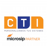 Logo de CTI Consultoría con las letras "C" y "I" en naranja, la "T" en azul, y el lema "PERSONALIZAMOS TUS SISTEMAS" en texto azul. Incluye el distintivo "microsip PARTNER" que destaca su alianza estratégica.