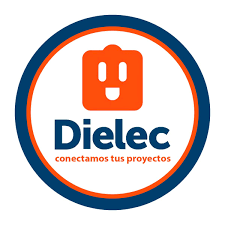 Logo de Dielec con un diseño circular azul y naranja, un icono de enchufe en el centro y la frase "conectamos tus proyectos."