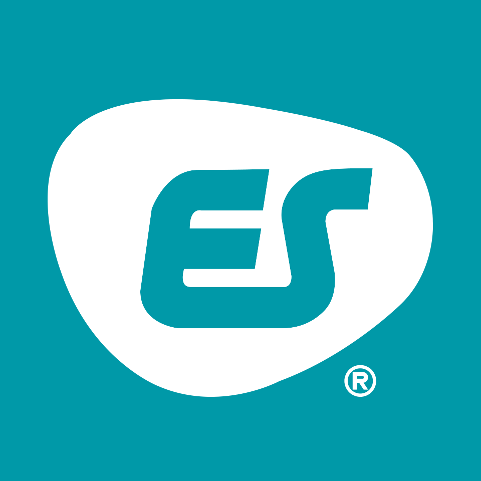 Logo de Exacto Signage con letras estilizadas "ES" en blanco dentro de un óvalo irregular blanco, con fondo color teal y símbolo de marca registrada.