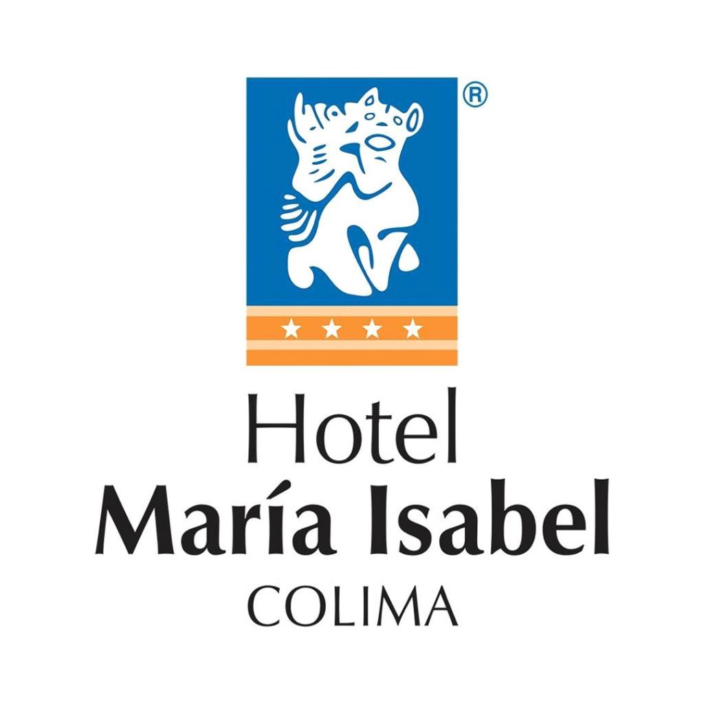 Logo de Hotel María Isabel con un fondo azul, figura abstracta blanca, una franja naranja con estrellas y texto "COLIMA" en la parte inferior.