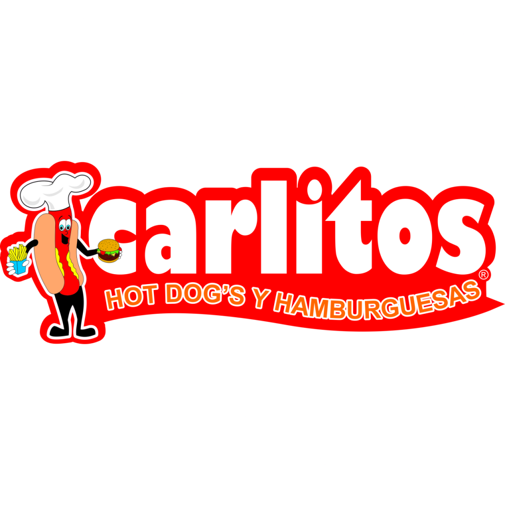 Logotipo de Carlitos Hot Dog's y Hamburguesas con un divertido personaje de hot dog sosteniendo papas fritas y una hamburguesa.