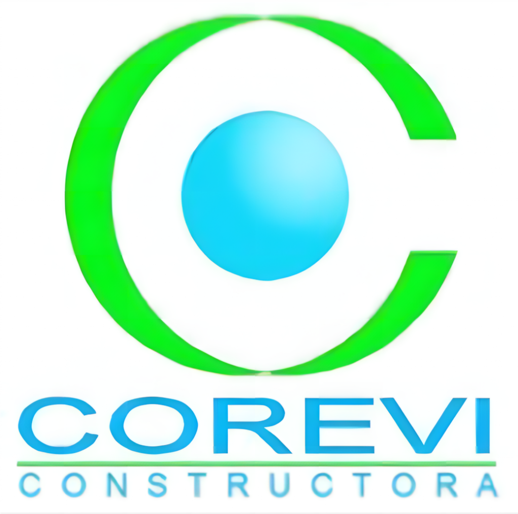 Logotipo de COREVI CONSTRUCTORA con una gran "C" verde y un círculo azul, representando estabilidad y confianza en construcción.