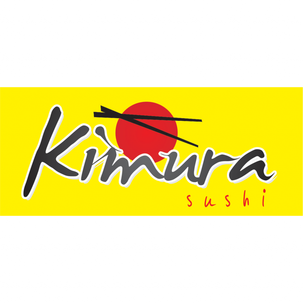 Logotipo de Kimura Sushi con un diseño vibrante en amarillo, resaltando los elementos japoneses con chopsticks y un sol rojo.