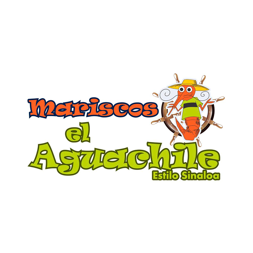 Logotipo de Mariscos el Aguachile Estilo Sinaloa con un camarón animado frente a un timón, destacando su identidad vibrante y temática de mariscos.