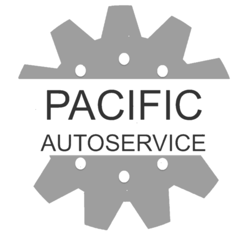 Logotipo de Pacific Autoservice con una rueda dentada gris y letras audaces, transmitiendo su enfoque en servicio automotriz confiable.
