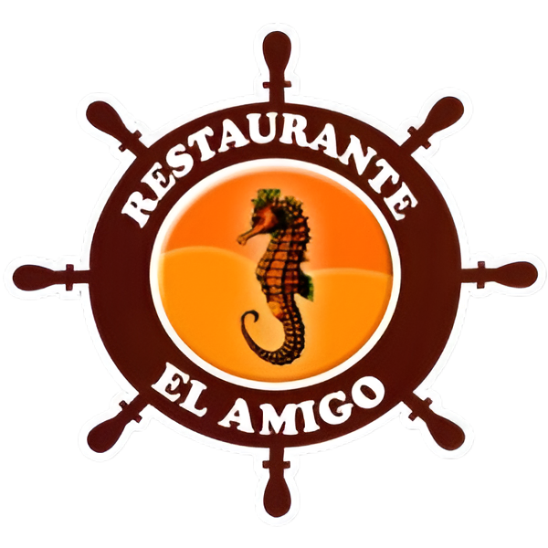 Logotipo de Restaurante El Amigo con un timón náutico y un caballito de mar en el centro, reflejando su temática marítima y especialidad en mariscos.