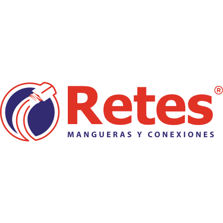 Logotipo de Retes, empresa especializada en mangueras y conexiones, con un diseño moderno en rojo y azul.