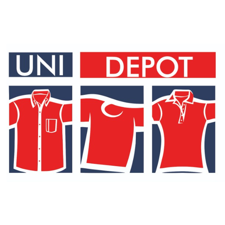 Logotipo de UNI DEPOT con ilustraciones de camisas y playeras, destacando su especialidad en ropa y uniformes.