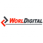 Logotipo de World Digital con una flecha geométrica en rojo y negro, resaltando su enfoque en tecnología y soluciones digitales.