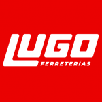 Logo de Lugo Ferreterías en blanco y rojo, con texto estilizado.