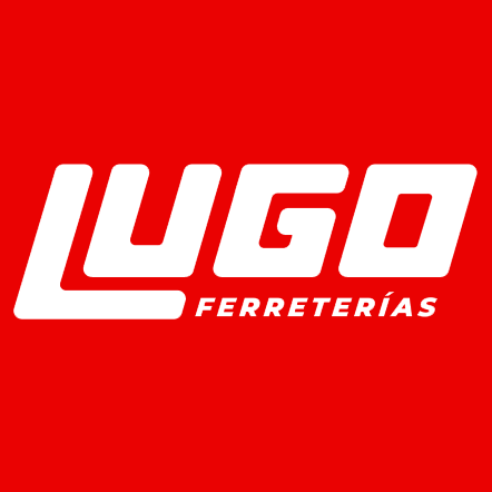 Logo de Lugo Ferreterías en blanco y rojo, con texto estilizado.