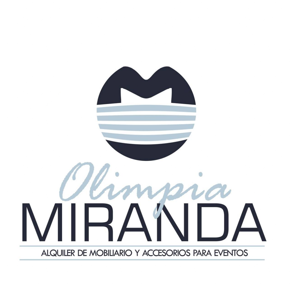 Logo de Olimpia Miranda con diseño de máscara, texto en azul y servicios de renta de mobiliario para eventos.