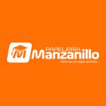 Logo de Papelería Manzanillo con un diseño en naranja, una letra "M" estilizada con birrete y el texto "Para ser un mejor alumno."
