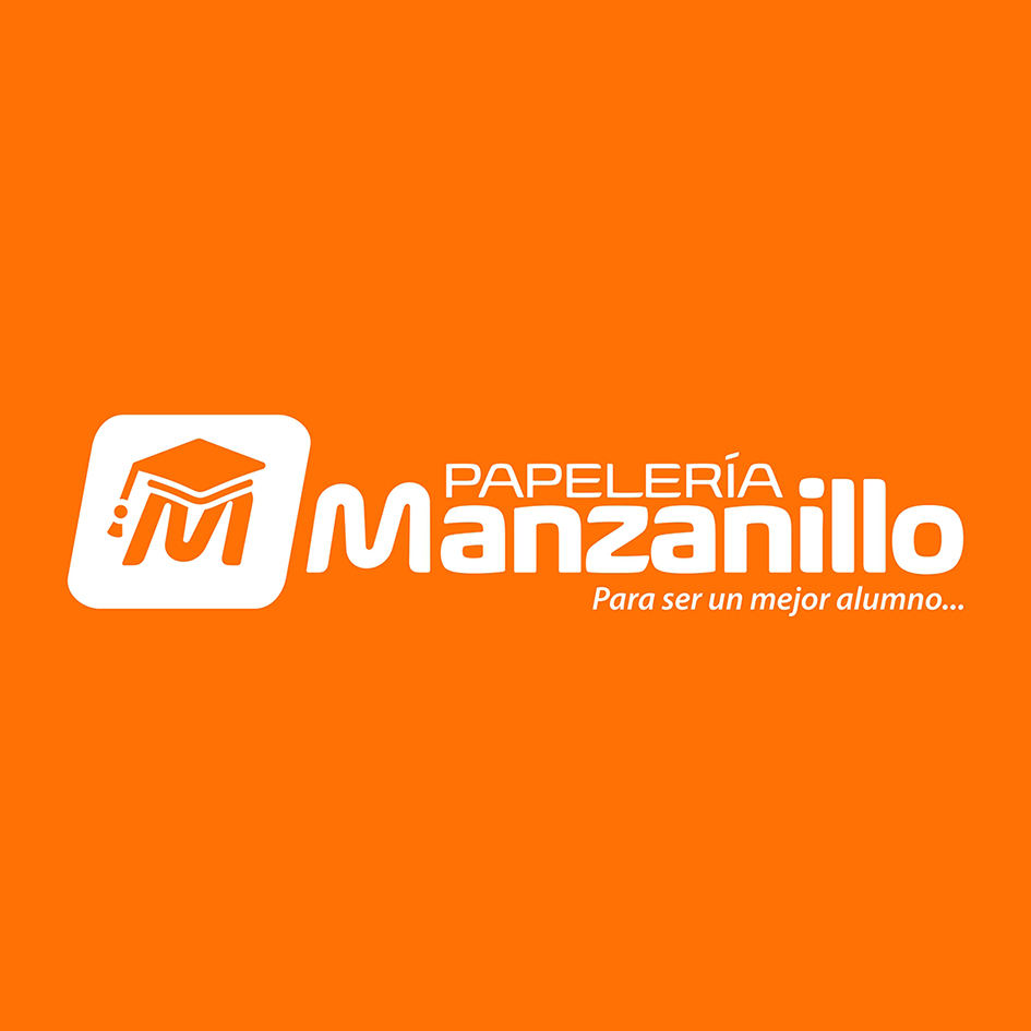 Logo de Papelería Manzanillo con un diseño en naranja, una letra "M" estilizada con birrete y el texto "Para ser un mejor alumno."