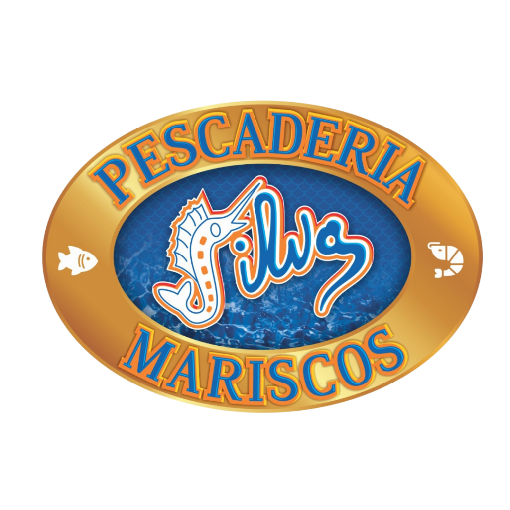 Logo de Pescadería Silva con pez estilizado y colores azul y dorado.