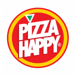 Logo de Pizza Happy con texto blanco en fondo rojo, borde amarillo y un triángulo verde simulando una rebanada de pizza.