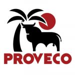Logo de PROVECO con la silueta de un toro junto a una palmera y un sol rojo de fondo, representando identidad empresarial.