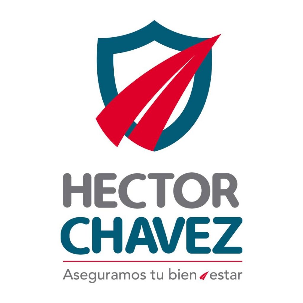 Logo de Héctor Chávez con un escudo rojo, texto en gris y azul, y la frase "Aseguramos tu bienestar" acompañada de un diseño estilizado.