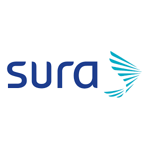 Logo de Seguros Sura con texto azul en minúsculas y un diseño estilizado a la derecha que simula alas o plumas en tonos de azul.
