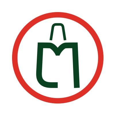 Logo de Super Macaza con diseño estilizado en verde y rojo, incorporando una bolsa de compras que forma la letra "M" dentro de un círculo.
