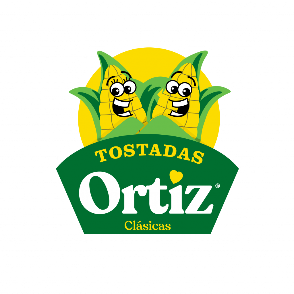 Logo de Tostadas Ortiz con dos mazorcas sonrientes frente a un círculo amarillo y el texto "Tostadas Ortiz Clásicas" en fondo verde.