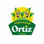 Logo de Tostadas Ortiz con dos mazorcas sonrientes frente a un círculo amarillo y el texto "Tostadas Ortiz Clásicas" en fondo verde.